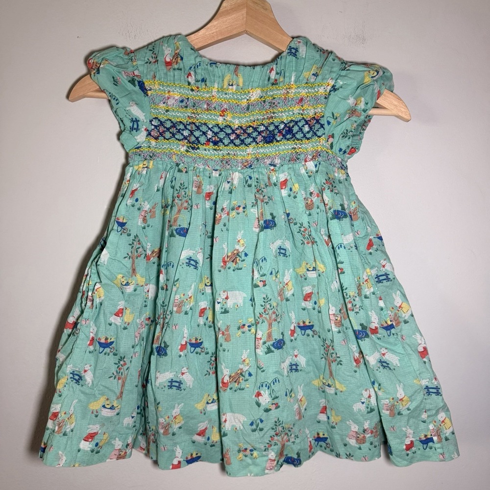 Mini Boden Blue Dress Bunny Rabbits Easter‎ Flowers Girls 3-4 Years